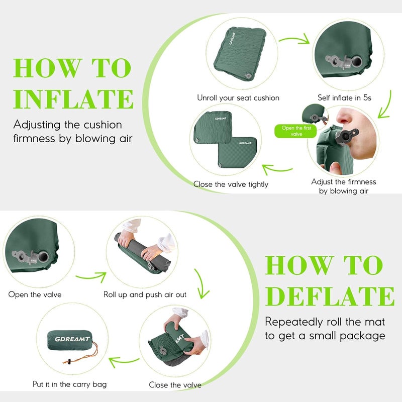 GDREAMT Inflatable Seat Cushion, Self-Inflating Memory Foam Stadium Seats Cushion Portable Camping Air-Foam Sitting Pad for Travel Airplane Car Bleachers Backpacking Office, Lightweight & Compact - Image 5